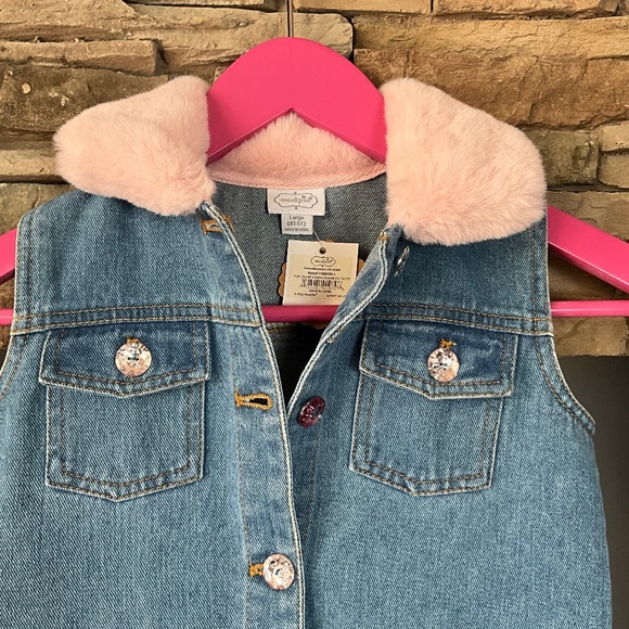 Mud Pie Faux Fur Collar Sparkle Denim Vest Rhinestone Party Glam Blue Pink 4T-5T - Picture 3 of 8
